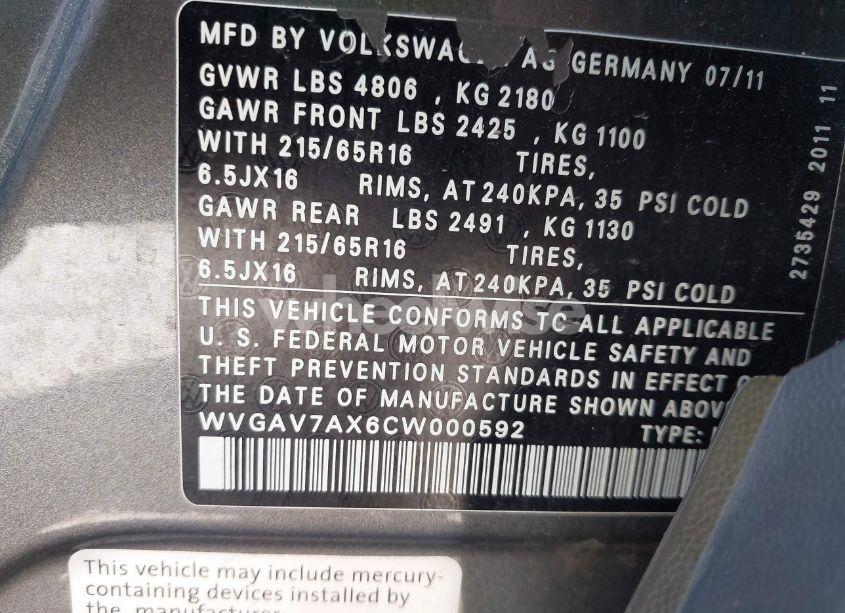 Photo 9 of 2012 Volkswagen Tiguan S (VIN WVGAV7AX6CW000592)