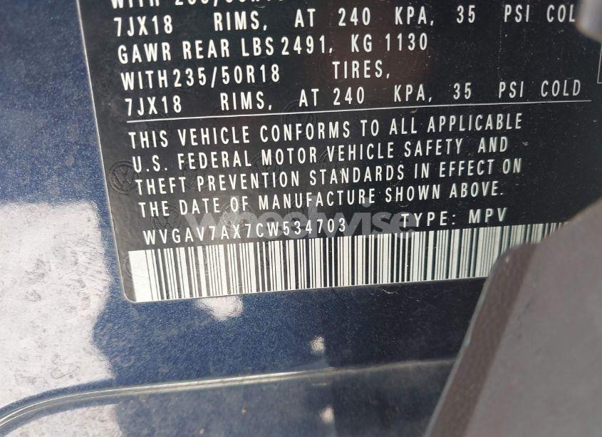 Photo 9 of 2012 Volkswagen Tiguan SE (VIN WVGAV7AX7CW534703)