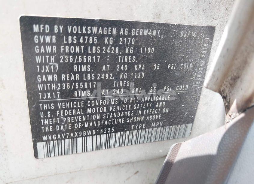 Photo 9 of 2011 Volkswagen Tiguan SE (VIN WVGAV7AX9BW514225)