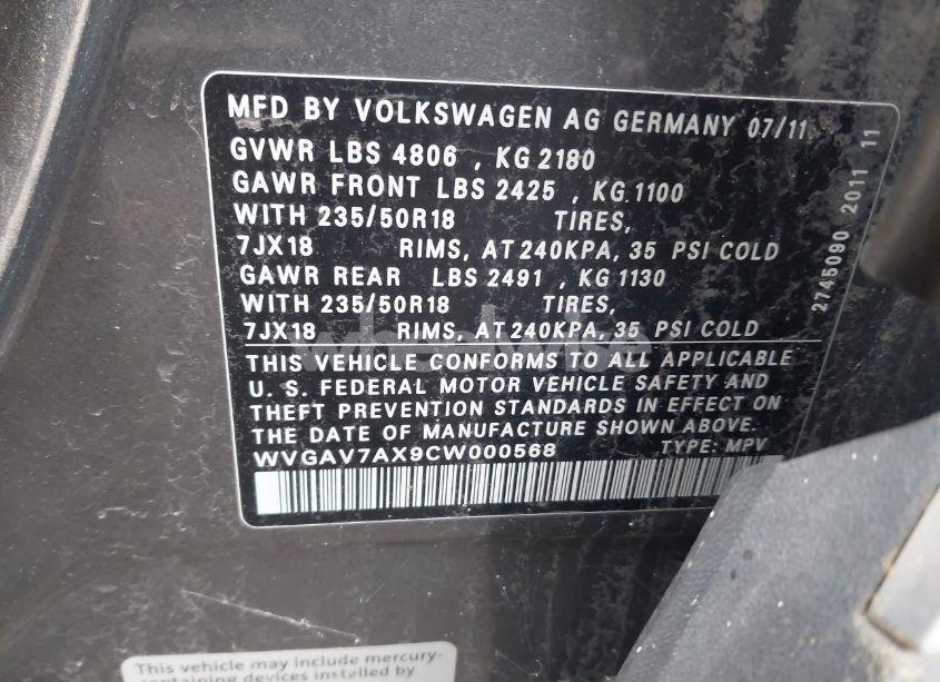 Photo 9 of 2012 Volkswagen Tiguan SE (VIN WVGAV7AX9CW000568)