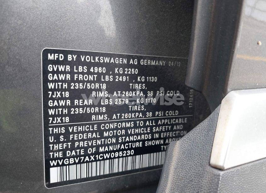 Photo 9 of 2012 Volkswagen Tiguan SE (VIN WVGBV7AX1CW095230)