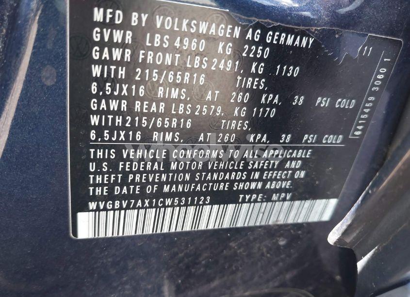 Photo 9 of 2012 Volkswagen Tiguan S (VIN WVGBV7AX1CW531123)