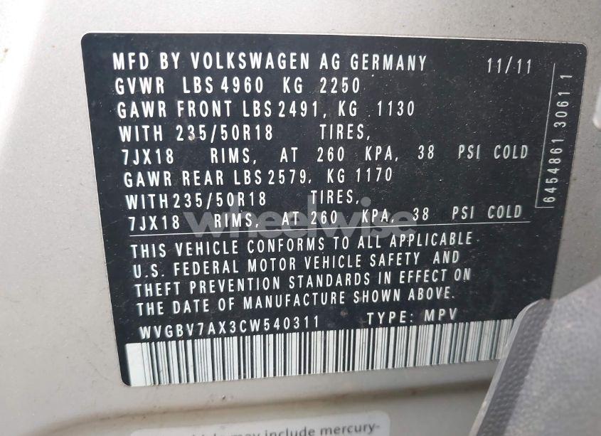Photo 9 of 2012 Volkswagen Tiguan SE (VIN WVGBV7AX3CW540311)