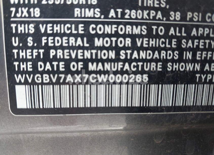 Photo 9 of 2012 Volkswagen Tiguan SE (VIN WVGBV7AX7CW000265)