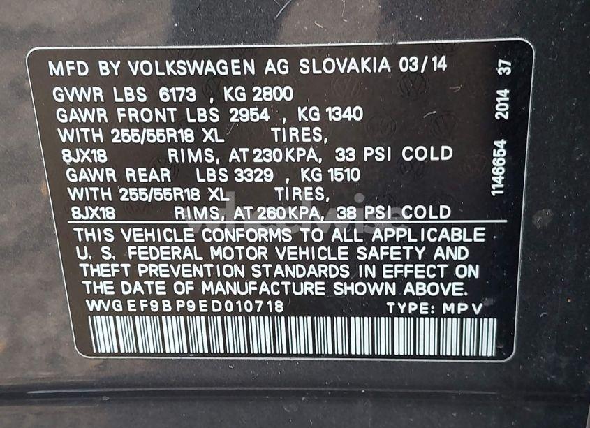 Photo 9 of 2014 Volkswagen Touareg 3.6L SPORT (VIN WVGEF9BP9ED010718)