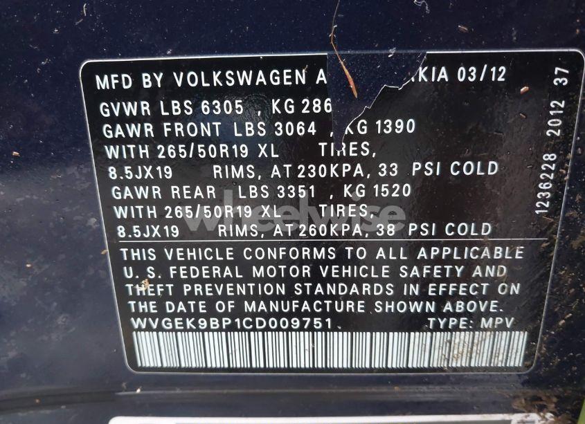 Photo 9 of 2012 Volkswagen Touareg TDI LUX (VIN WVGEK9BP1CD009751)