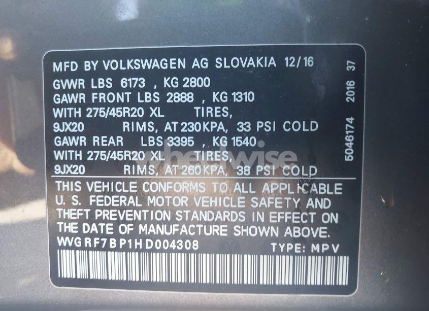 Photo 9 of 2017 Volkswagen Touareg V6 WOLFSBURG EDITION (VIN WVGRF7BP1HD004308)