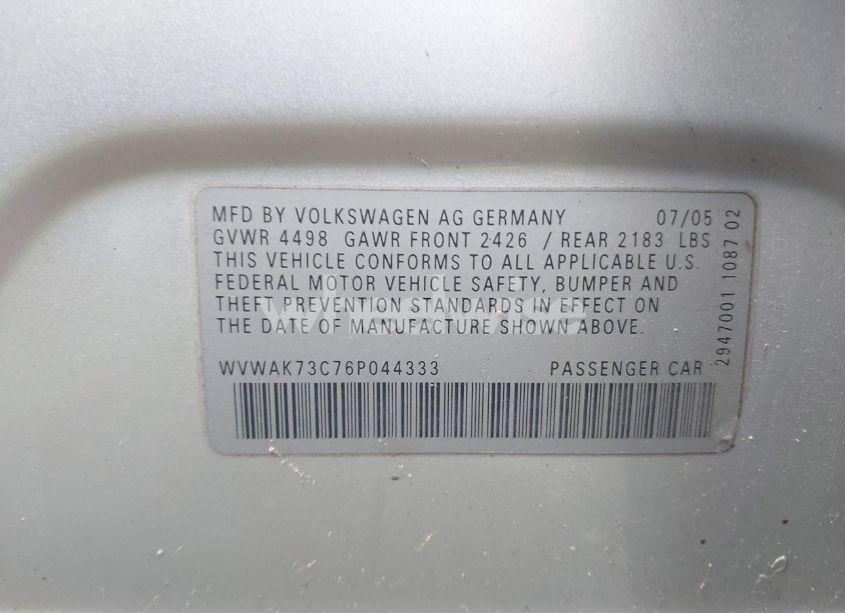 Photo 9 of 2006 Volkswagen Passat 2.0T/VALUE EDITION (VIN WVWAK73C76P044333)