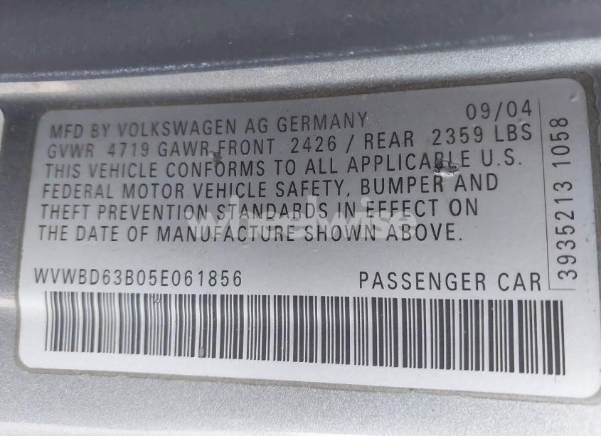 Photo 8 of 2005 Volkswagen Passat GLS (VIN WVWBD63B05E061856)