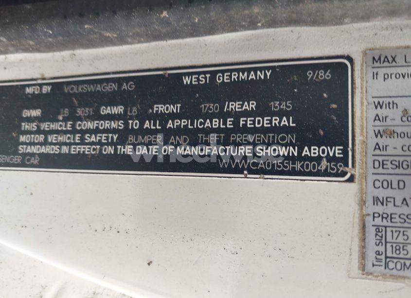 Photo 9 of 1987 Volkswagen Cabriolet (VIN WVWCA0155HK004159)