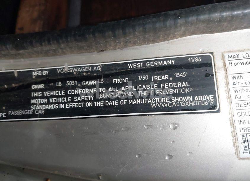 Photo 9 of 1987 Volkswagen Cabriolet (VIN WVWCA015XHK010619)