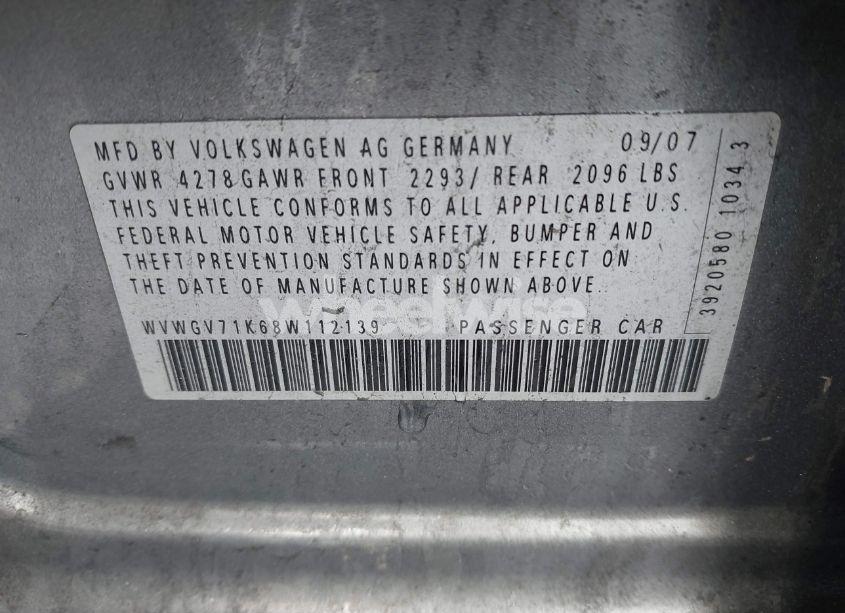 Photo 9 of 2008 Volkswagen Gti 4-DOOR/4-DOOR (M6) (EOP CW 21/08) (VIN WVWGV71K68W112139)