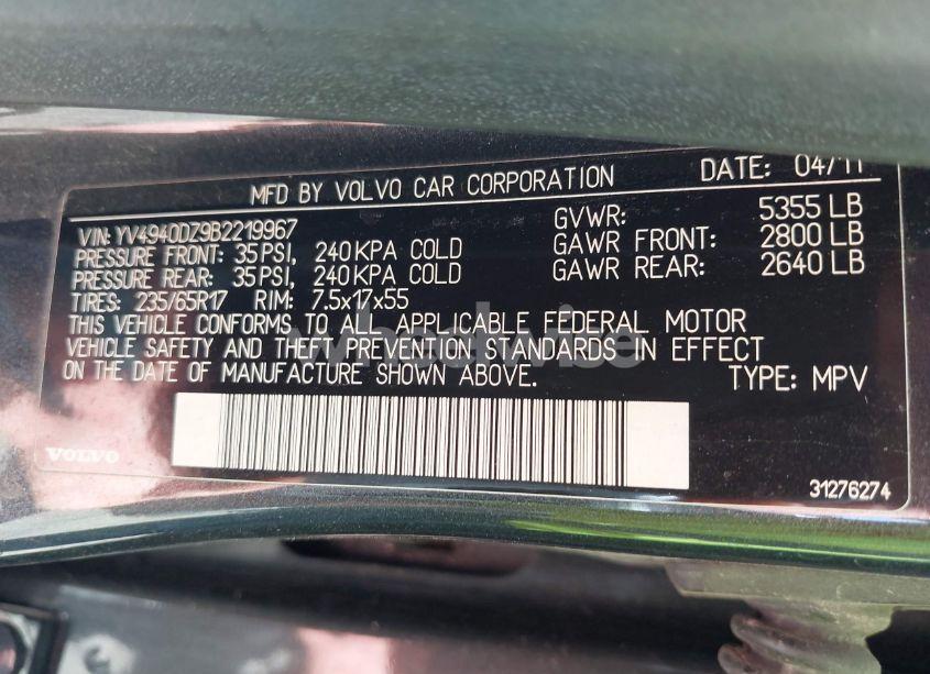 Photo 9 of 2011 Volvo Xc60 3.2 (VIN YV4940DZ9B2219967)