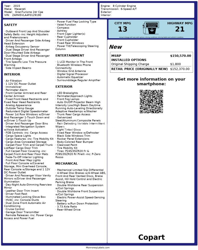 Photo 10 of 2015 MASERATI GRANTURISMO S (VIN ZAM45VLA4F0129190)