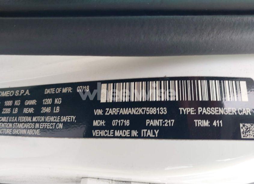 Photo 9 of 2019 Alfa Romeo GIULIA RWD (VIN ZARFAMAN2K7598133)