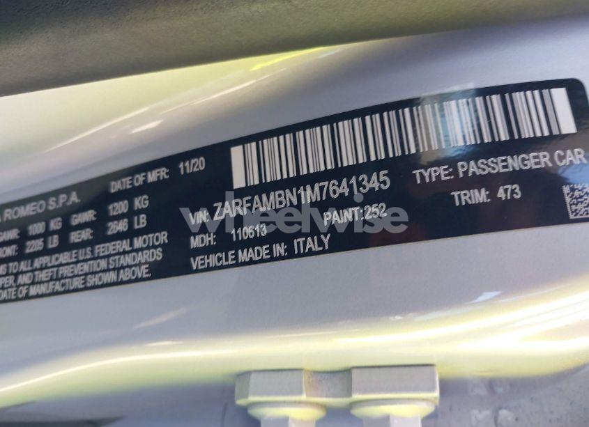Photo 9 of 2021 Alfa Romeo GIULIA TI SPORT RWD (VIN ZARFAMBN1M7641345)
