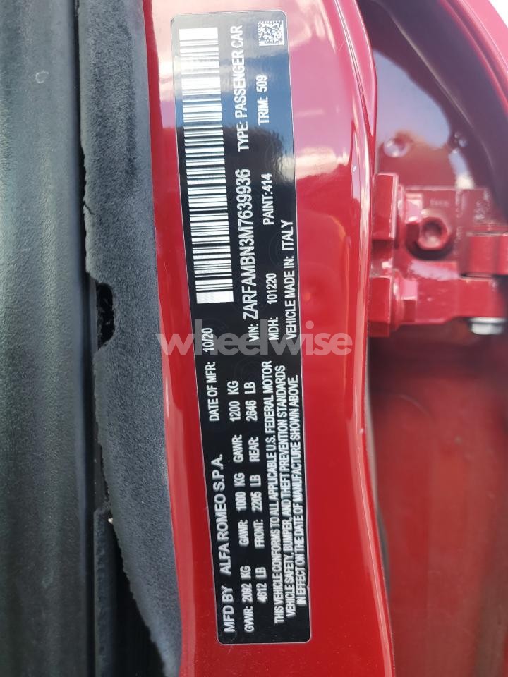 Photo 12 of 2021 ALFA ROMEO GIULIA TI (VIN ZARFAMBN3M7639936)