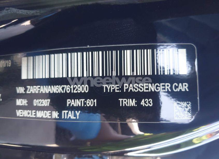 Photo 9 of 2019 Alfa Romeo GIULIA AWD (VIN ZARFANAN6K7612900)