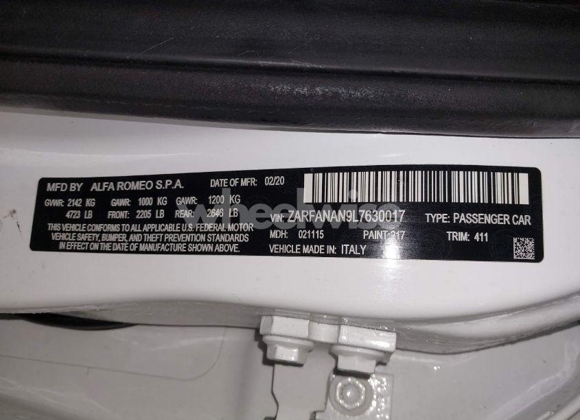 Photo 9 of 2020 Alfa Romeo GIULIA SPORT AWD (VIN ZARFANAN9L7630017)
