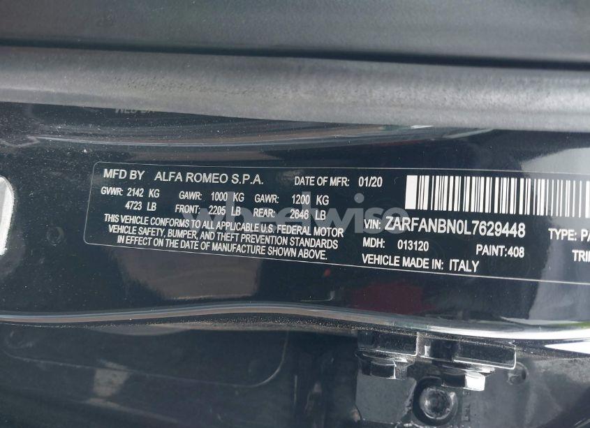 Photo 9 of 2020 Alfa Romeo GIULIA TI SPORT AWD (VIN ZARFANBN0L7629448)