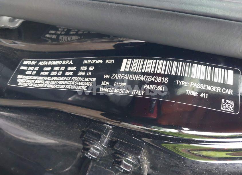 Photo 9 of 2021 Alfa Romeo GIULIA TI AWD (VIN ZARFANBN5M7643816)