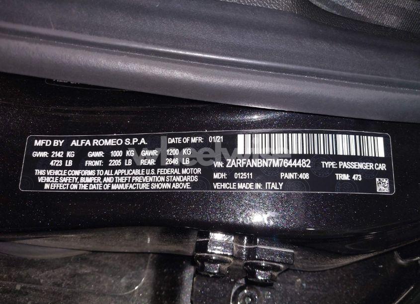 Photo 9 of 2021 Alfa Romeo GIULIA TI SPORT AWD (VIN ZARFANBN7M7644482)