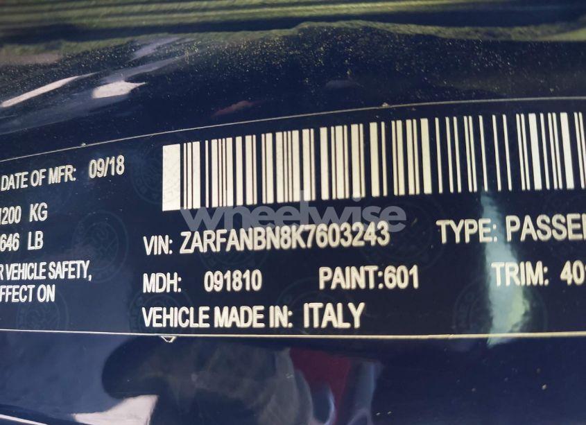 Photo 9 of 2019 Alfa Romeo GIULIA TI SPORT AWD (VIN ZARFANBN8K7603243)