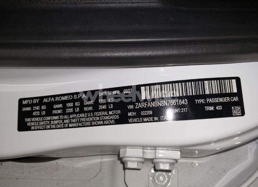 Photo 9 of 2022 Alfa Romeo GIULIA TI AWD (VIN ZARFANBN8N7661843)