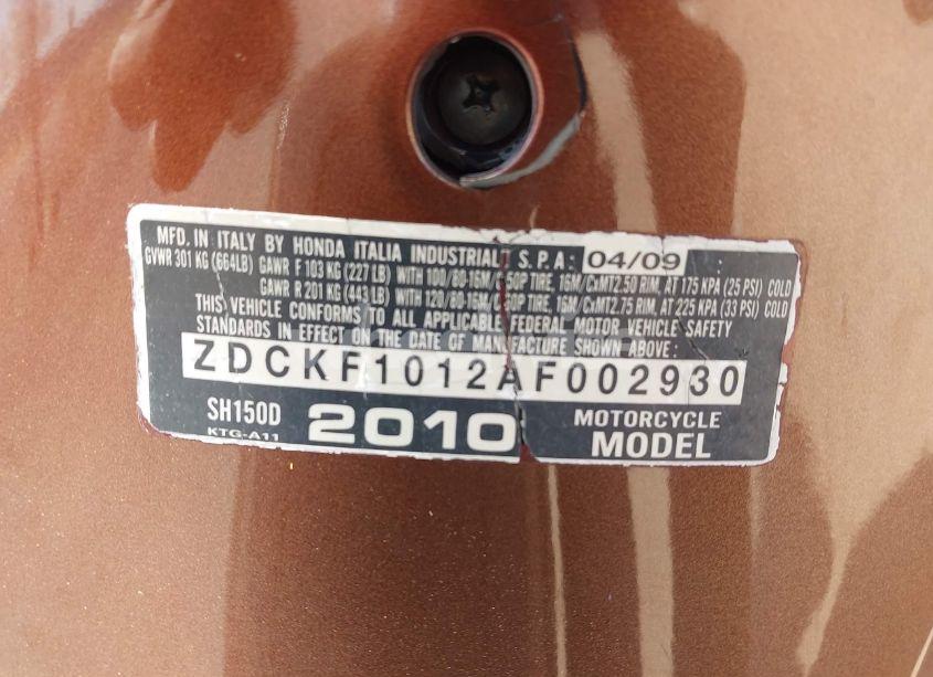 Photo 10 of 2010 Honda Sh150 D (VIN ZDCKF1012AF002930)